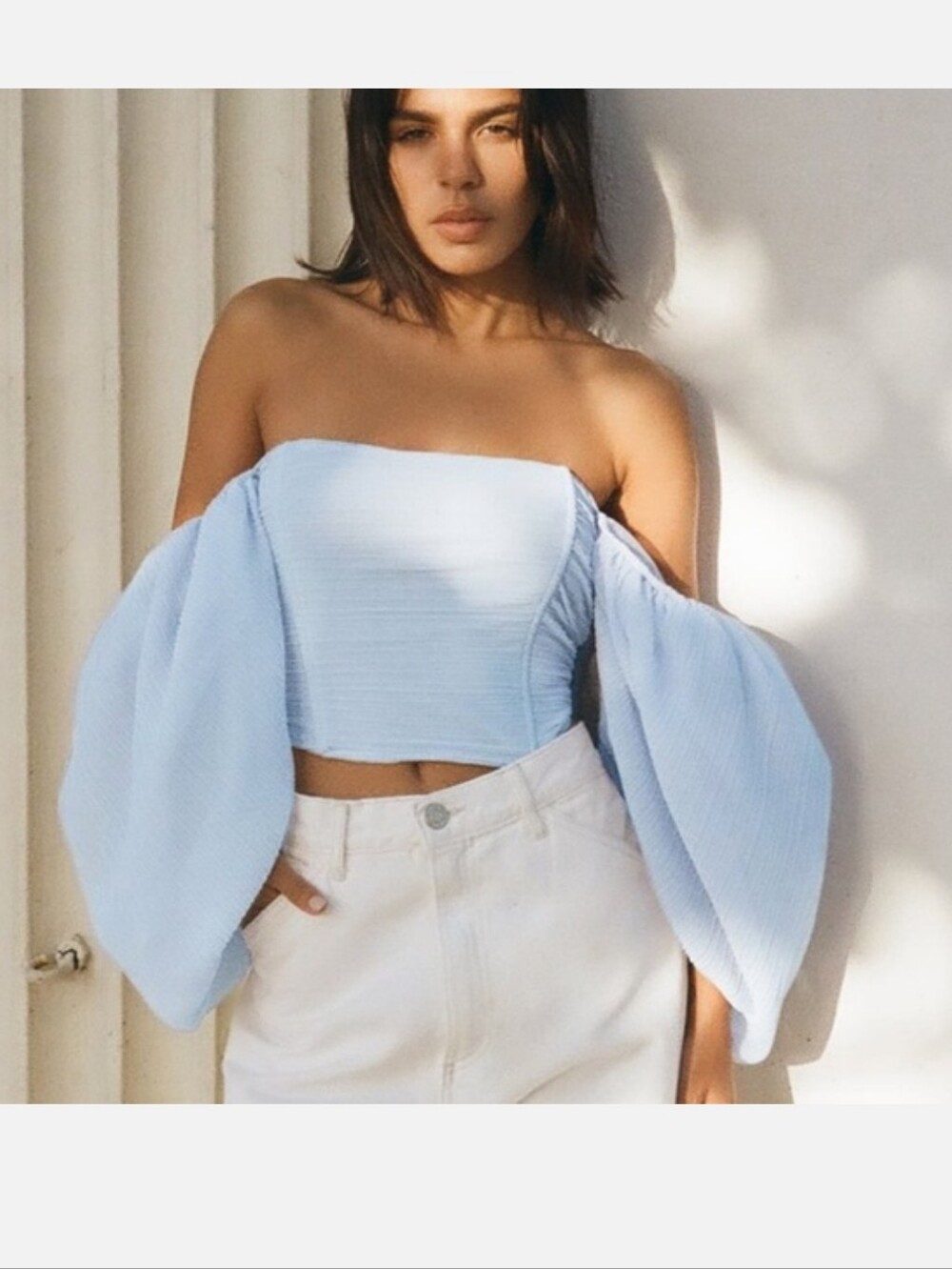 Zara Light Blue Pleated Puff-Sleeve Crop Top Beautiful